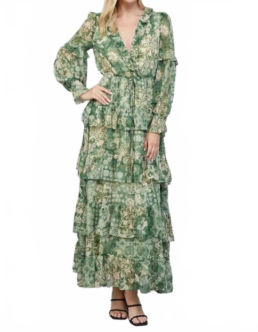 NEW FATE lurex tiered midi dress in green multi